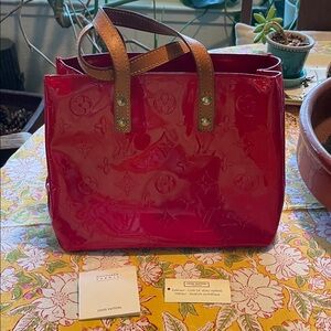 Louis Vuitton Patent Monogram Tote in Bright Red with Tan Handles PM
